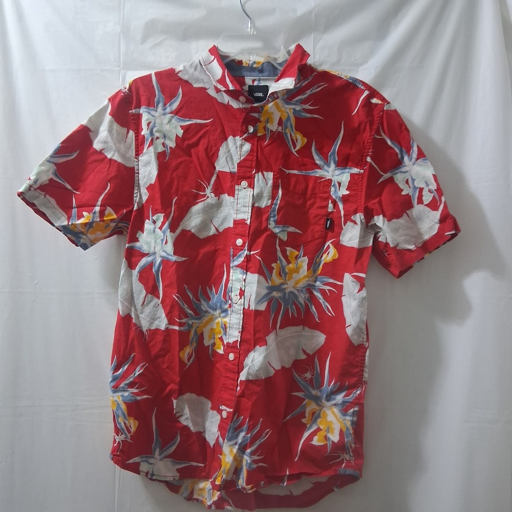 Vans Classic‎ Fit Button Up Shirt Red Floral Print Mens Short Sleeve M